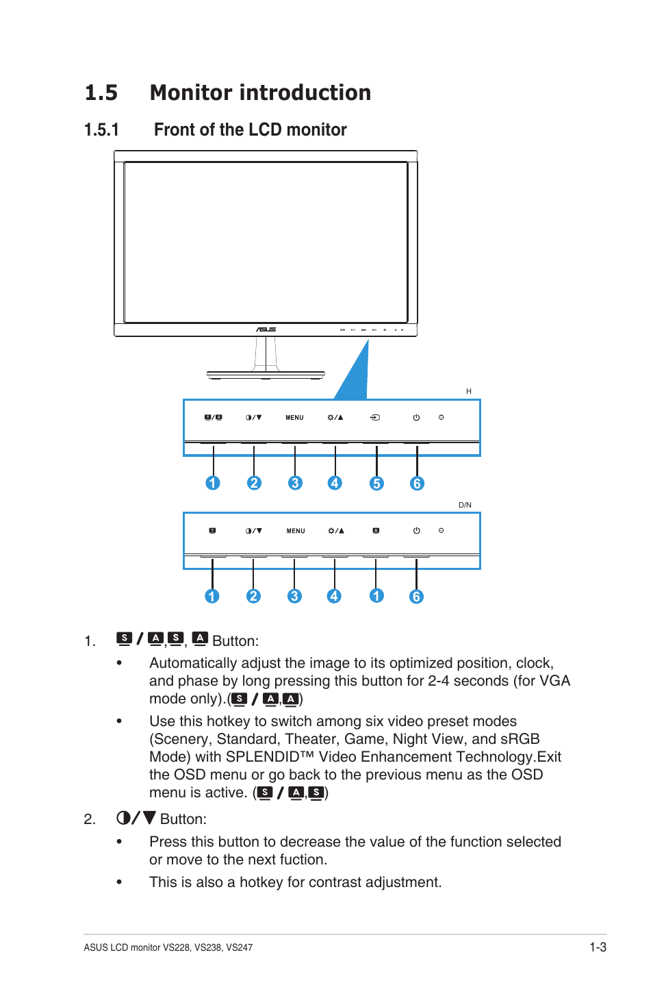 5 monitor introduction, 1 front of the lcd monitor | Asus VS247N User Manual | Page 9 / 23