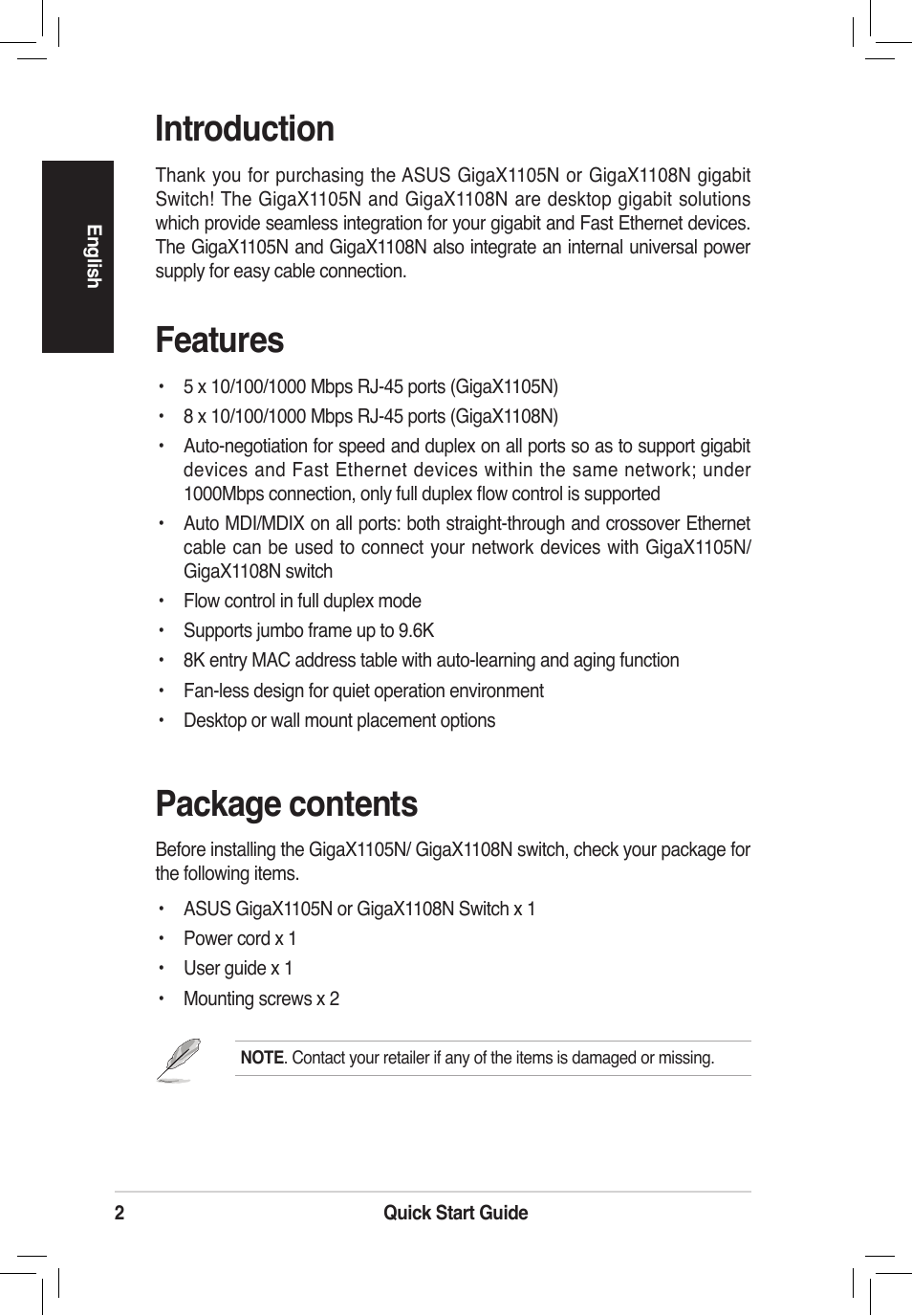 Introduction, Features, Package contents | Asus GigaX1105N User Manual | Page 3 / 41