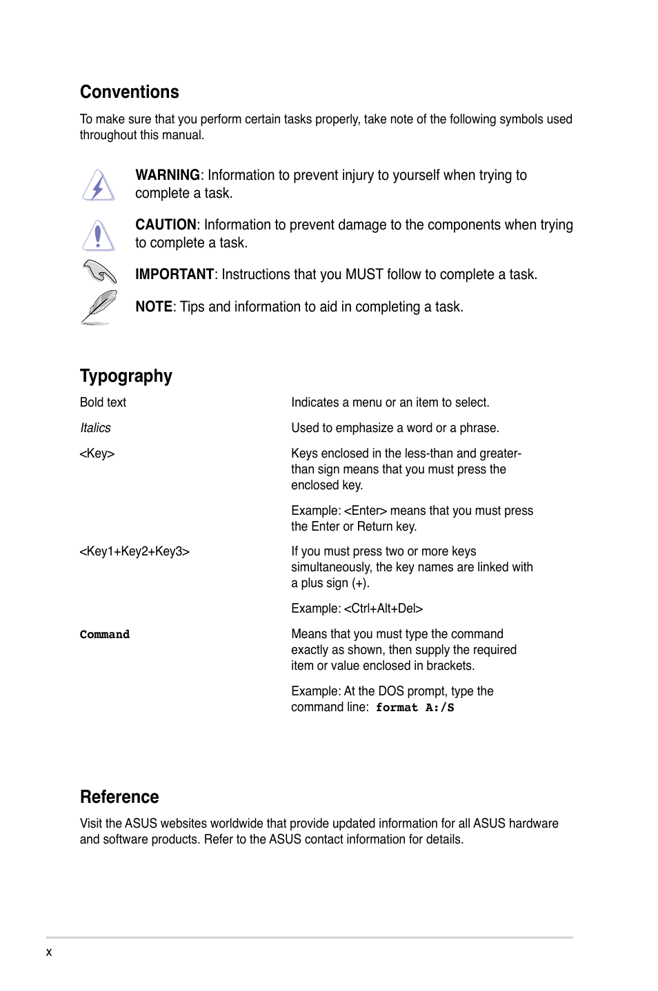 Conventions, Typography, Reference | Asus ESC700 G2 User Manual | Page 10 / 166