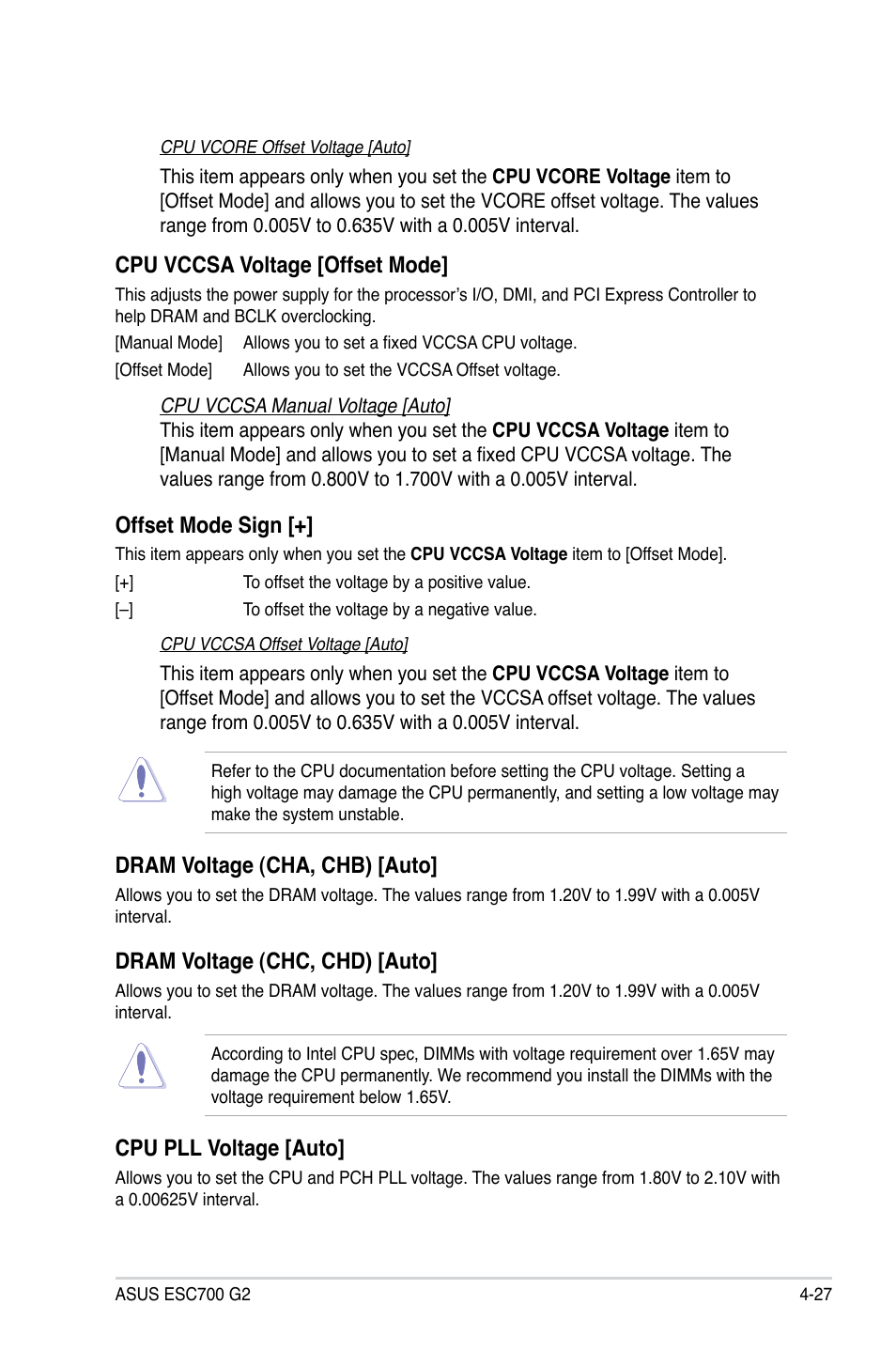 Cpu vccsa voltage [offset mode, Offset mode sign, Dram voltage (cha, chb) [auto | Dram voltage (chc, chd) [auto, Cpu pll voltage [auto | Asus ESC700 G2 User Manual | Page 101 / 166