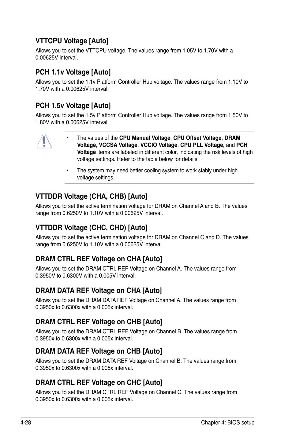 Vttcpu voltage [auto, Pch 1.1v voltage [auto, Pch 1.5v voltage [auto | Vttddr voltage (cha, chb) [auto, Vttddr voltage (chc, chd) [auto, Dram ctrl ref voltage on cha [auto, Dram data ref voltage on cha [auto, Dram ctrl ref voltage on chb [auto, Dram data ref voltage on chb [auto, Dram ctrl ref voltage on chc [auto | Asus ESC700 G2 User Manual | Page 102 / 166