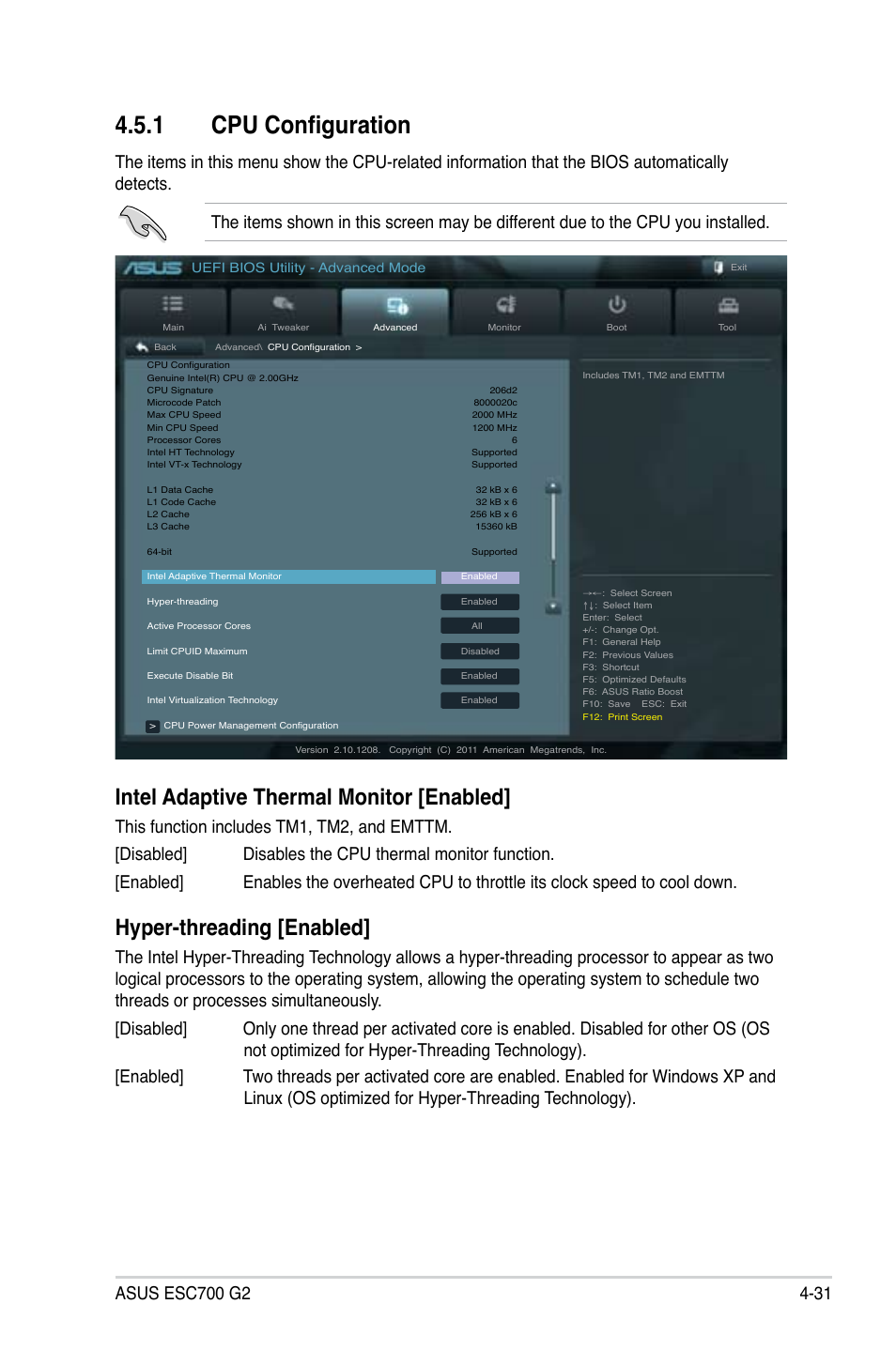 1 cpu configuration, Intel adaptive thermal monitor [enabled, Hyper-threading [enabled | Asus ESC700 G2 User Manual | Page 105 / 166