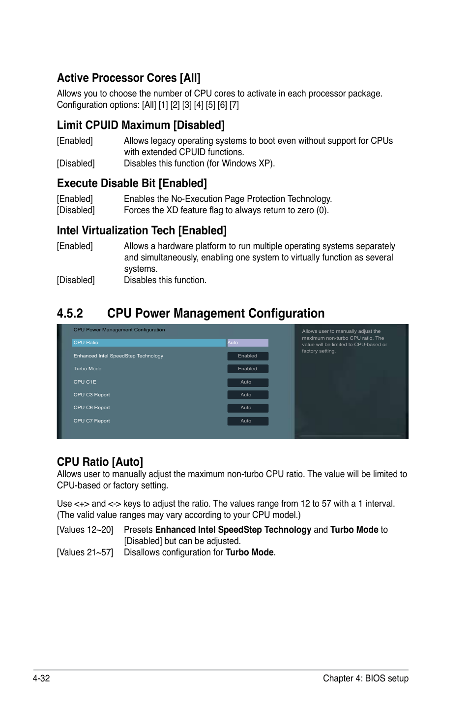 2 cpu power management configuration, Active processor cores [all, Limit cpuid maximum [disabled | Execute disable bit [enabled, Intel virtualization tech [enabled, Cpu ratio [auto, 32 chapter 4: bios setup | Asus ESC700 G2 User Manual | Page 106 / 166