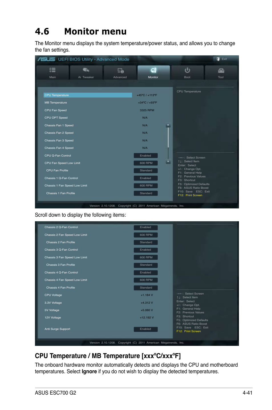 6 monitor menu, Cpu temperature / mb temperature [xxxºc/xxxºf, Uefi bios utility - advanced mode | Asus ESC700 G2 User Manual | Page 115 / 166