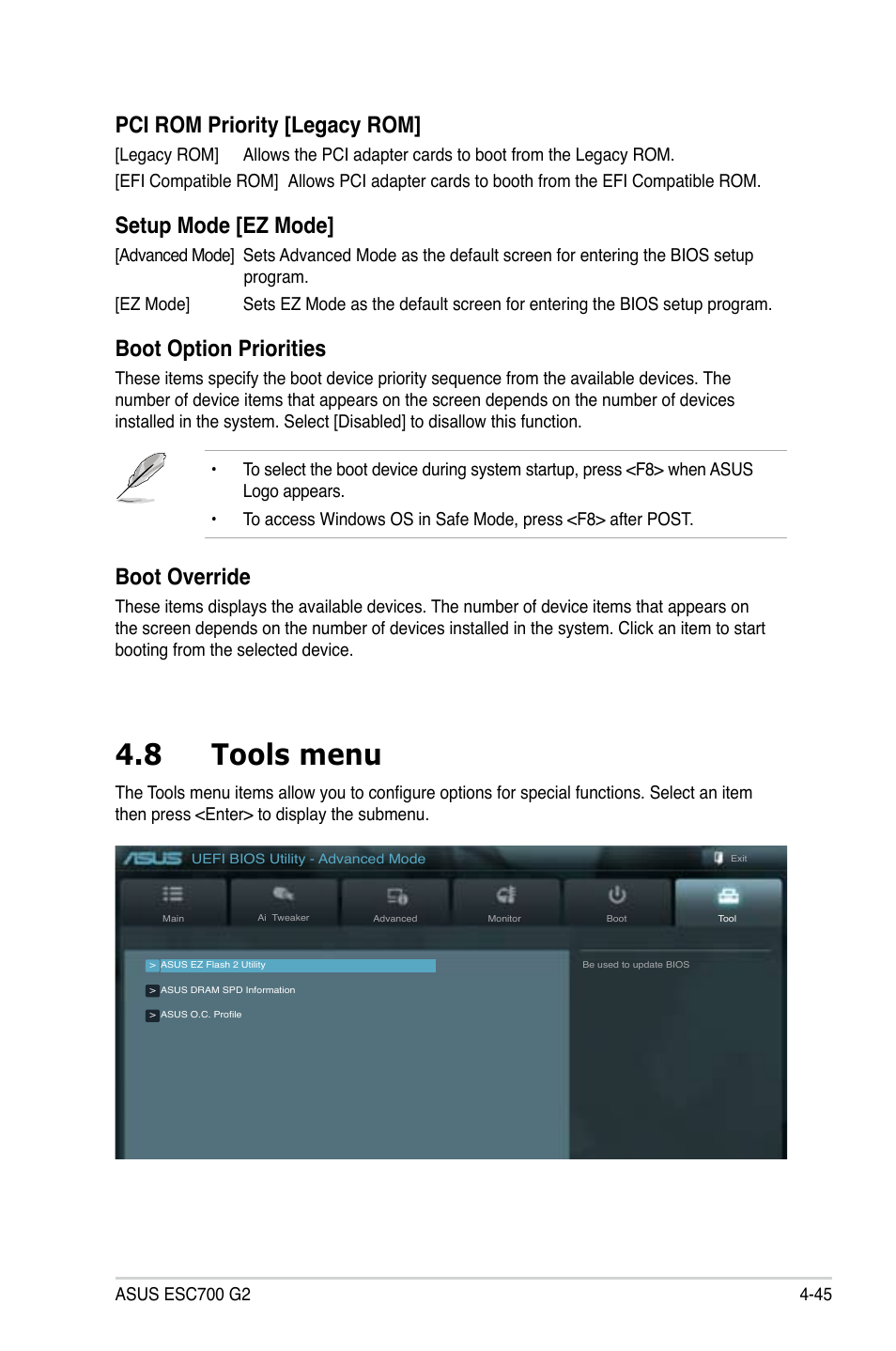 8 tools menu, Pci rom priority [legacy rom, Setup mode [ez mode | Boot option priorities, Boot override | Asus ESC700 G2 User Manual | Page 119 / 166