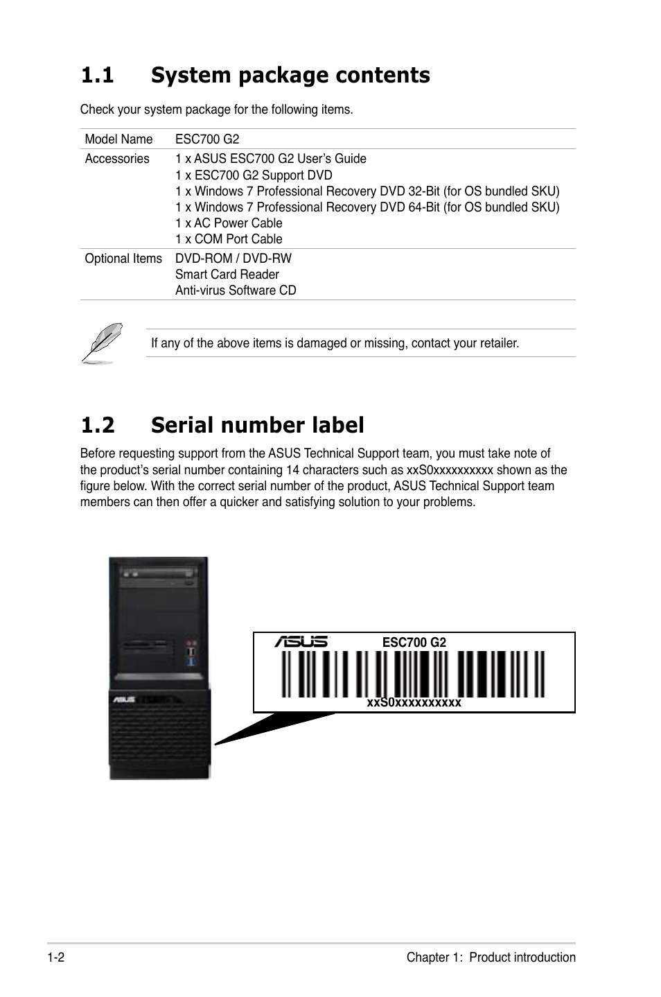 1 system package contents, 2 serial number label | Asus ESC700 G2 User Manual | Page 12 / 166