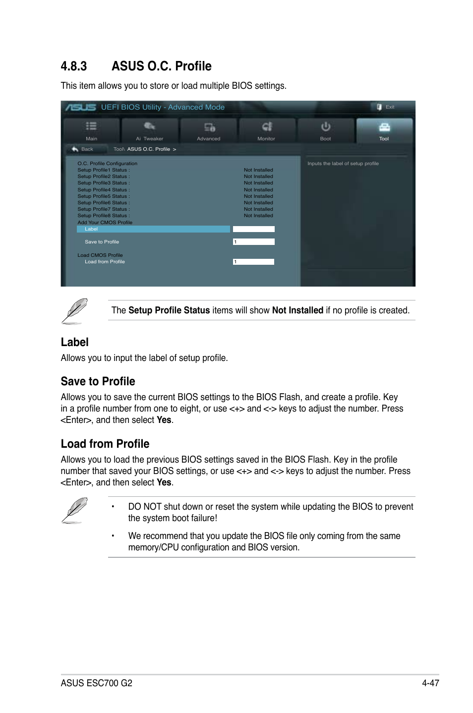 3 asus o.c. profile, Label, Save to profile | Load from profile, Allows you to input the label of setup profile | Asus ESC700 G2 User Manual | Page 121 / 166