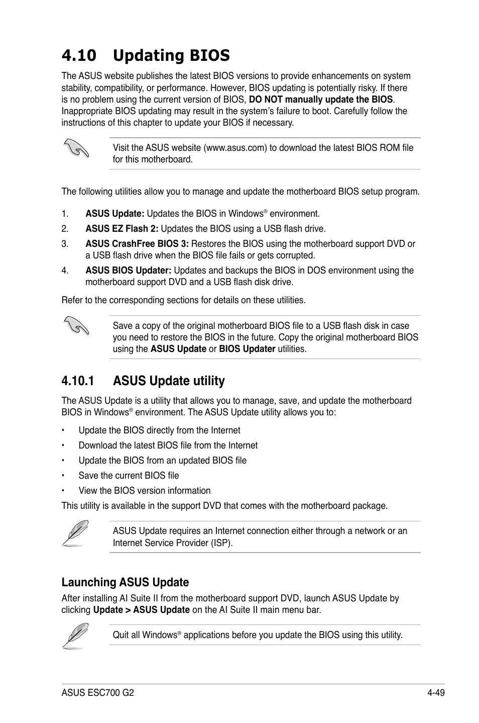 10 updating bios, 1 asus update utility, Launching asus update | Asus ESC700 G2 User Manual | Page 123 / 166