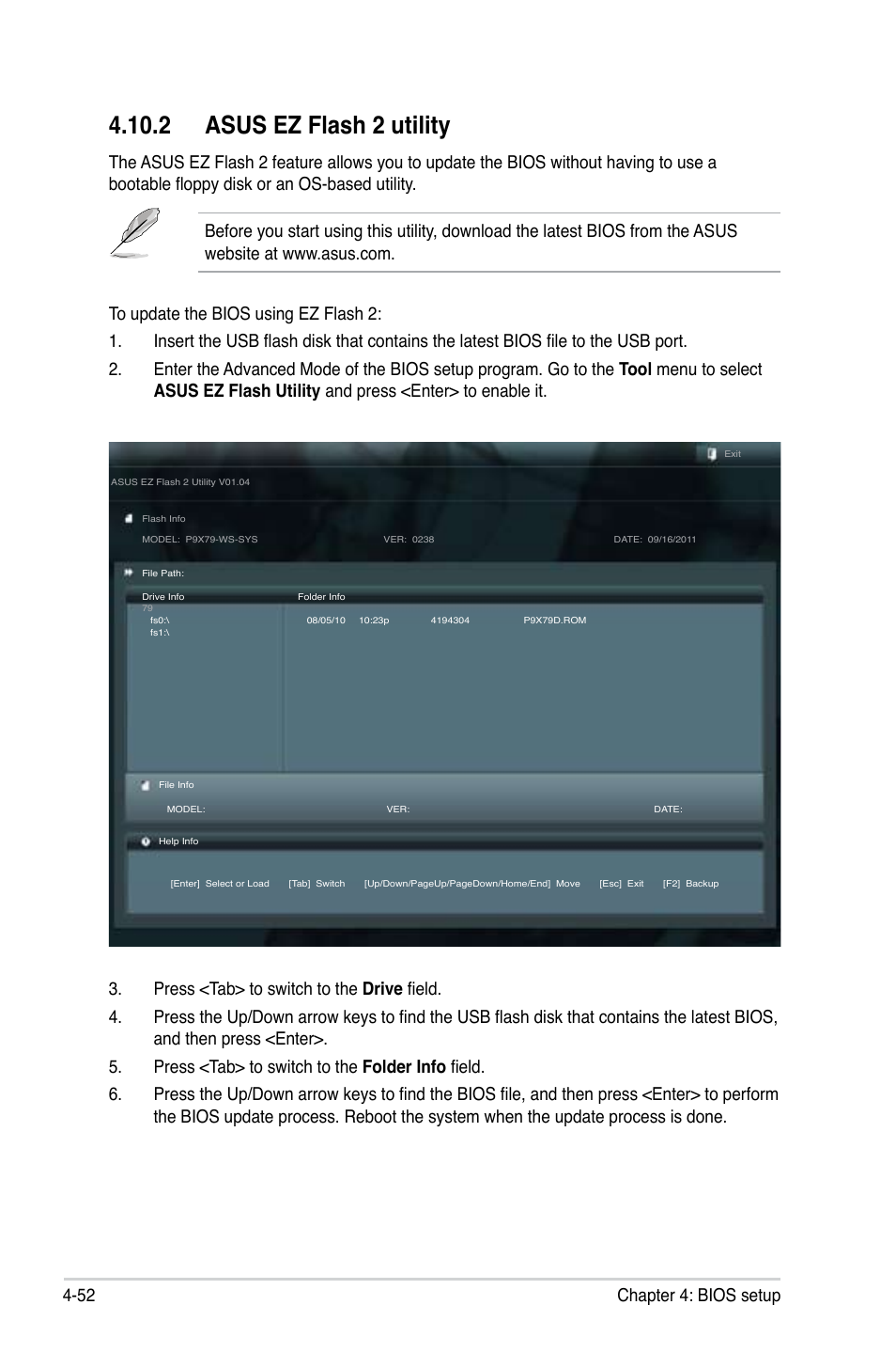 2 asus ez flash 2 utility, 52 chapter 4: bios setup | Asus ESC700 G2 User Manual | Page 126 / 166