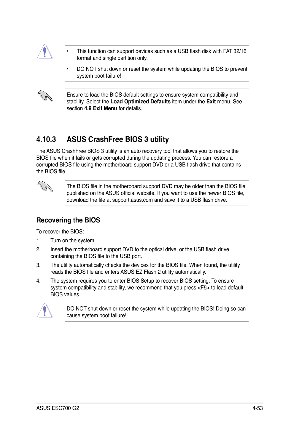 3 asus crashfree bios 3 utility, Recovering the bios | Asus ESC700 G2 User Manual | Page 127 / 166