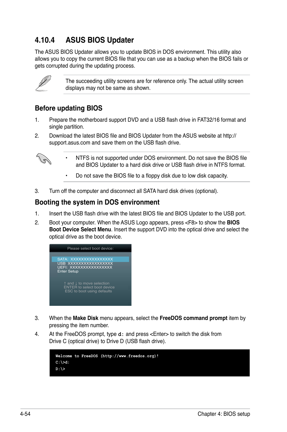 4 asus bios updater, Booting the system in dos environment, Before updating bios | Asus ESC700 G2 User Manual | Page 128 / 166