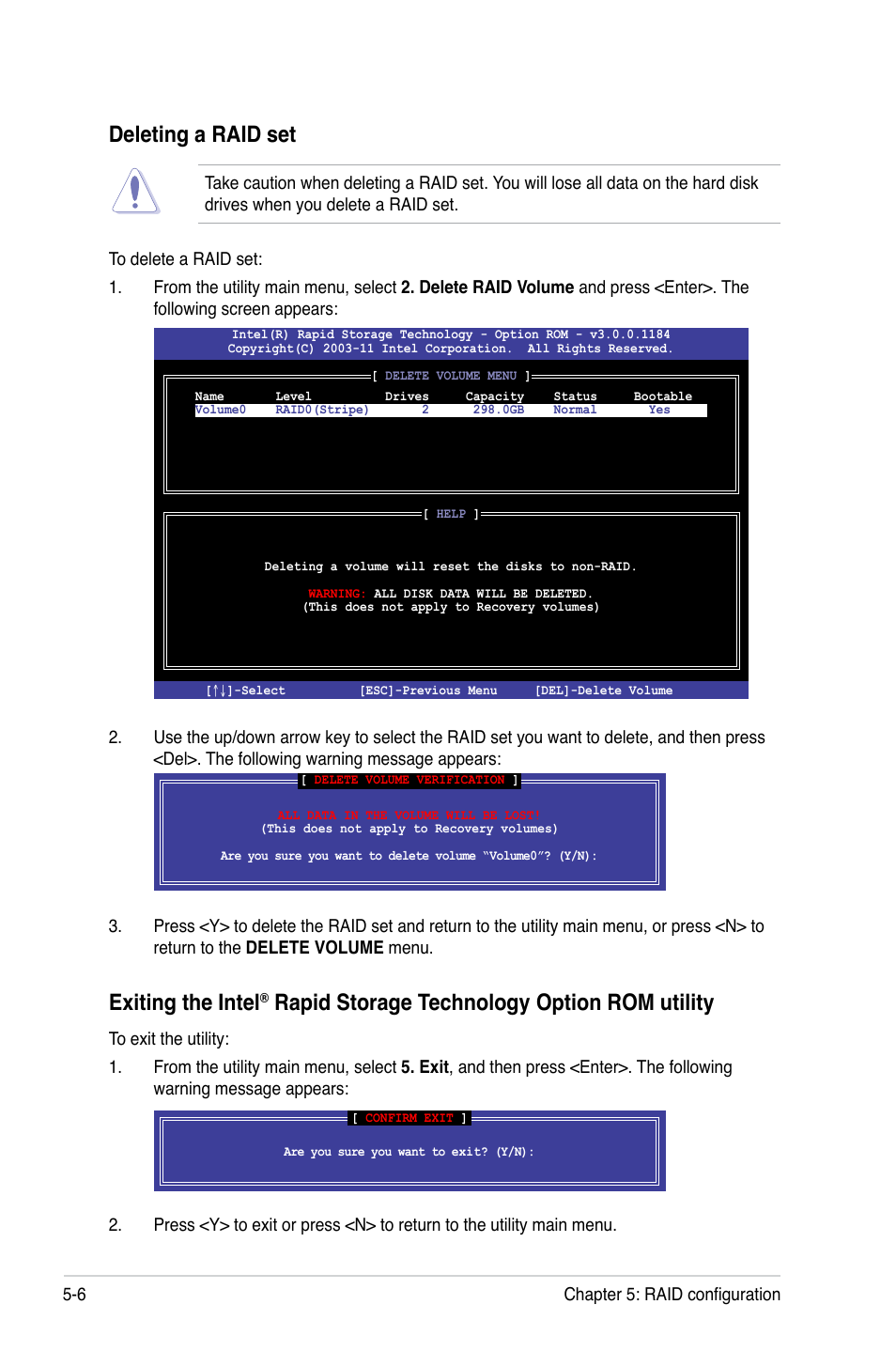 Deleting a raid set, Exiting the intel, Rapid storage technology option rom utility | Asus ESC700 G2 User Manual | Page 136 / 166