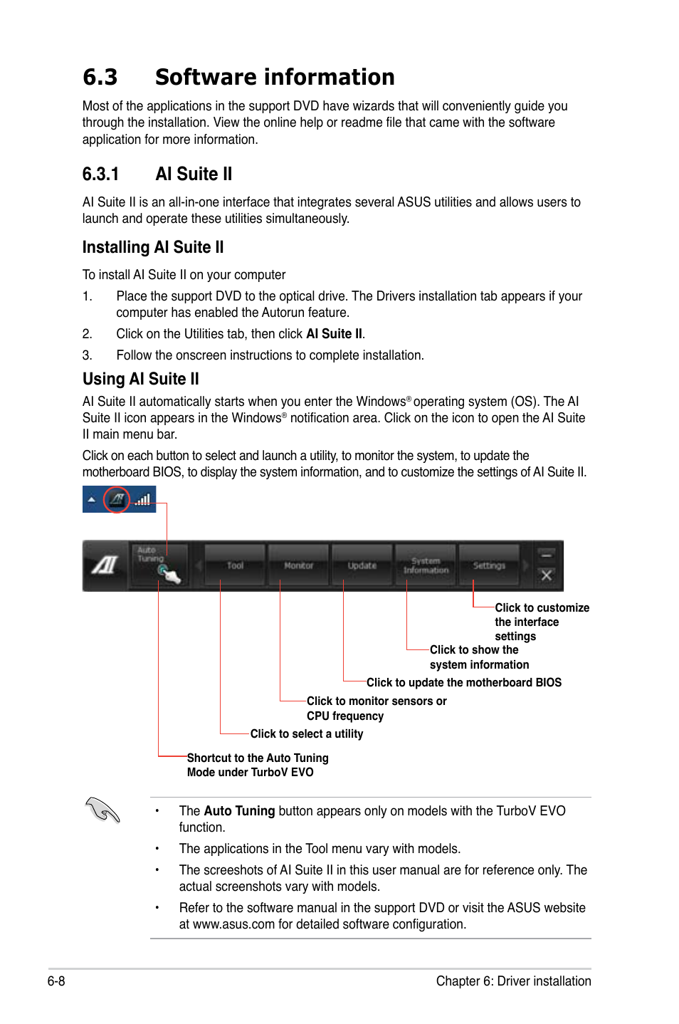 3 software information, 1 ai suite ii, Installing ai suite ii | Using ai suite ii | Asus ESC700 G2 User Manual | Page 144 / 166