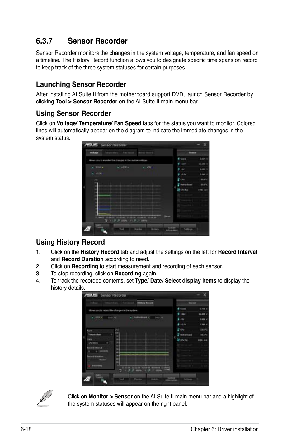 7 sensor recorder, Launching sensor recorder, Using sensor recorder | Using history record | Asus ESC700 G2 User Manual | Page 154 / 166