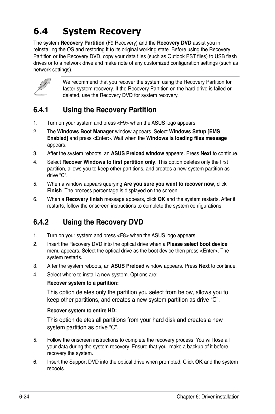 4 system recovery, 1 using the recovery partition, 2 using the recovery dvd | Asus ESC700 G2 User Manual | Page 160 / 166