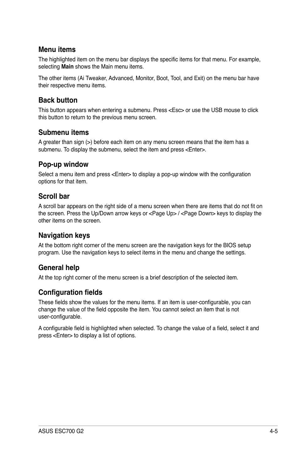 Menu items, Back button, Submenu items | Pop-up window, Scroll bar, Navigation keys, General help, Configuration fields | Asus ESC700 G2 User Manual | Page 79 / 166