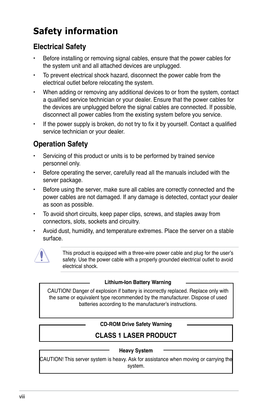 Safety information, Electrical safety, Operation safety | Asus ESC700 G2 User Manual | Page 8 / 166