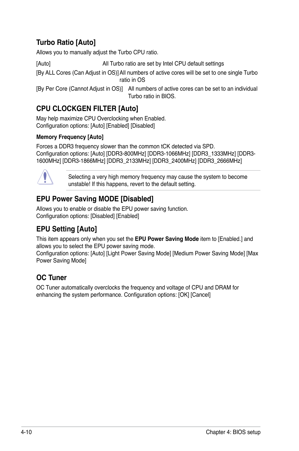 Turbo ratio [auto, Cpu clockgen filter [auto, Epu power saving mode [disabled | Epu setting [auto, Oc tuner | Asus ESC700 G2 User Manual | Page 84 / 166