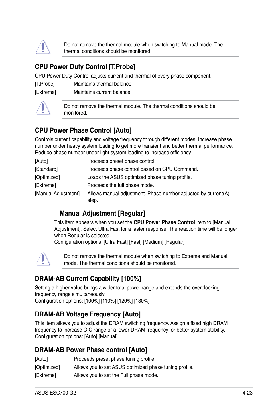 Cpu power duty control [t.probe, Cpu power phase control [auto, Manual adjustment [regular | Dram-ab current capability [100, Dram-ab voltage frequency [auto, Dram-ab power phase control [auto | Asus ESC700 G2 User Manual | Page 97 / 166