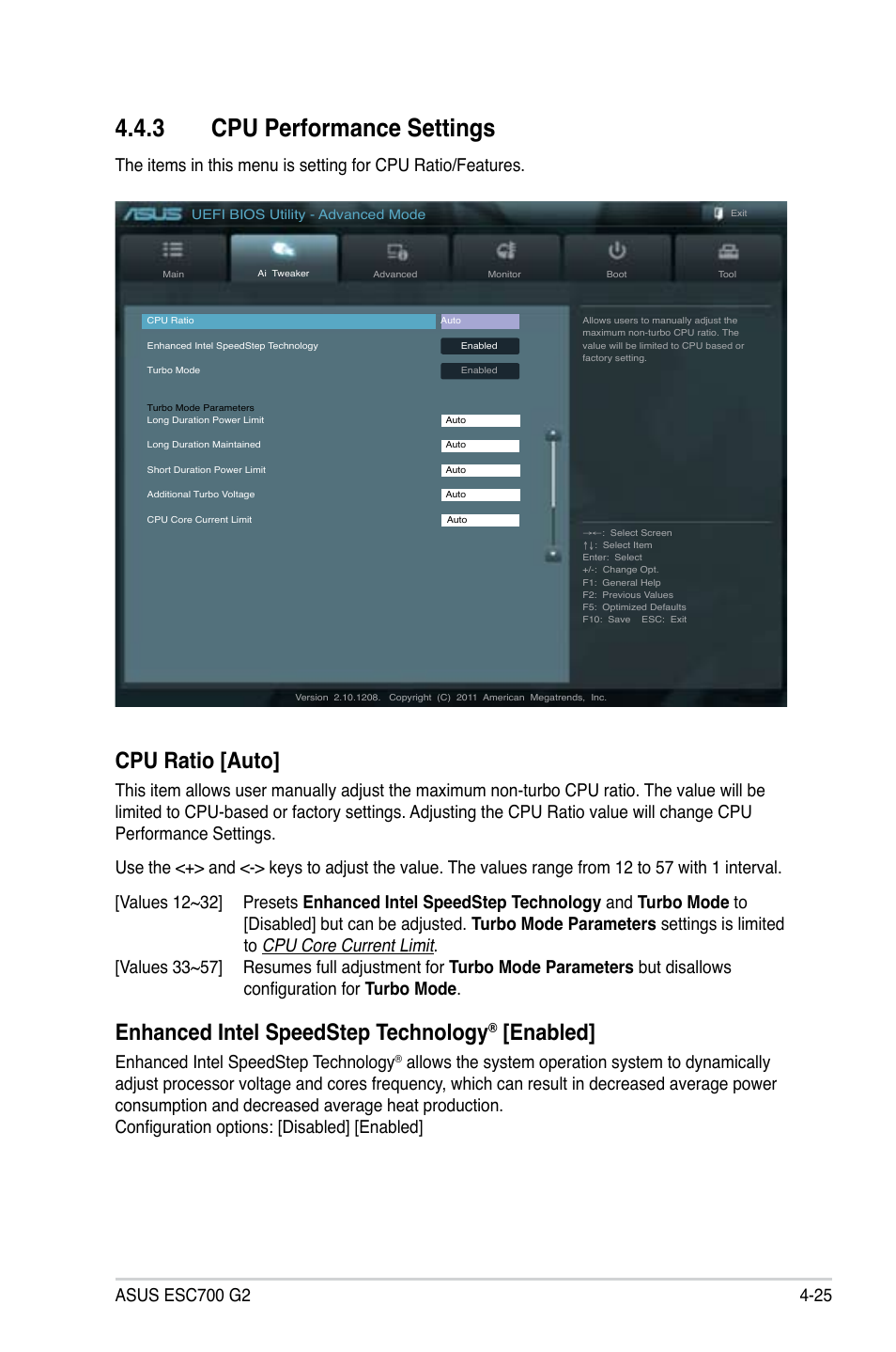 3 cpu performance settings, Cpu ratio [auto, Enhanced intel speedstep technology | Enabled | Asus ESC700 G2 User Manual | Page 99 / 166