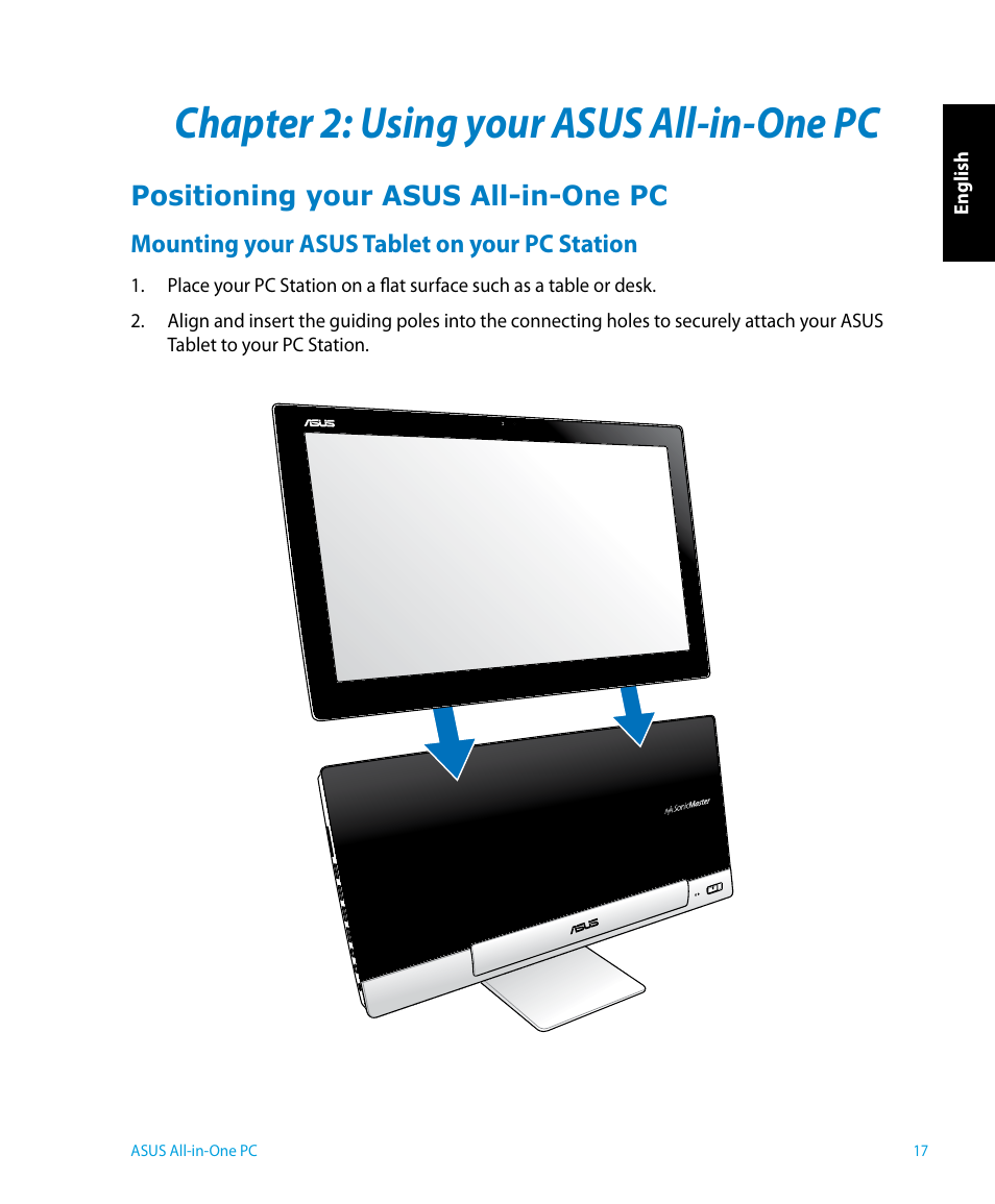 Chapter 2: using your asus all-in-one pc, Positioning your asus all-in-one pc, Mounting your asus tablet on your pc station | Chapter 2, Using your asus all-in-one pc | Asus P1801 User Manual | Page 17 / 58