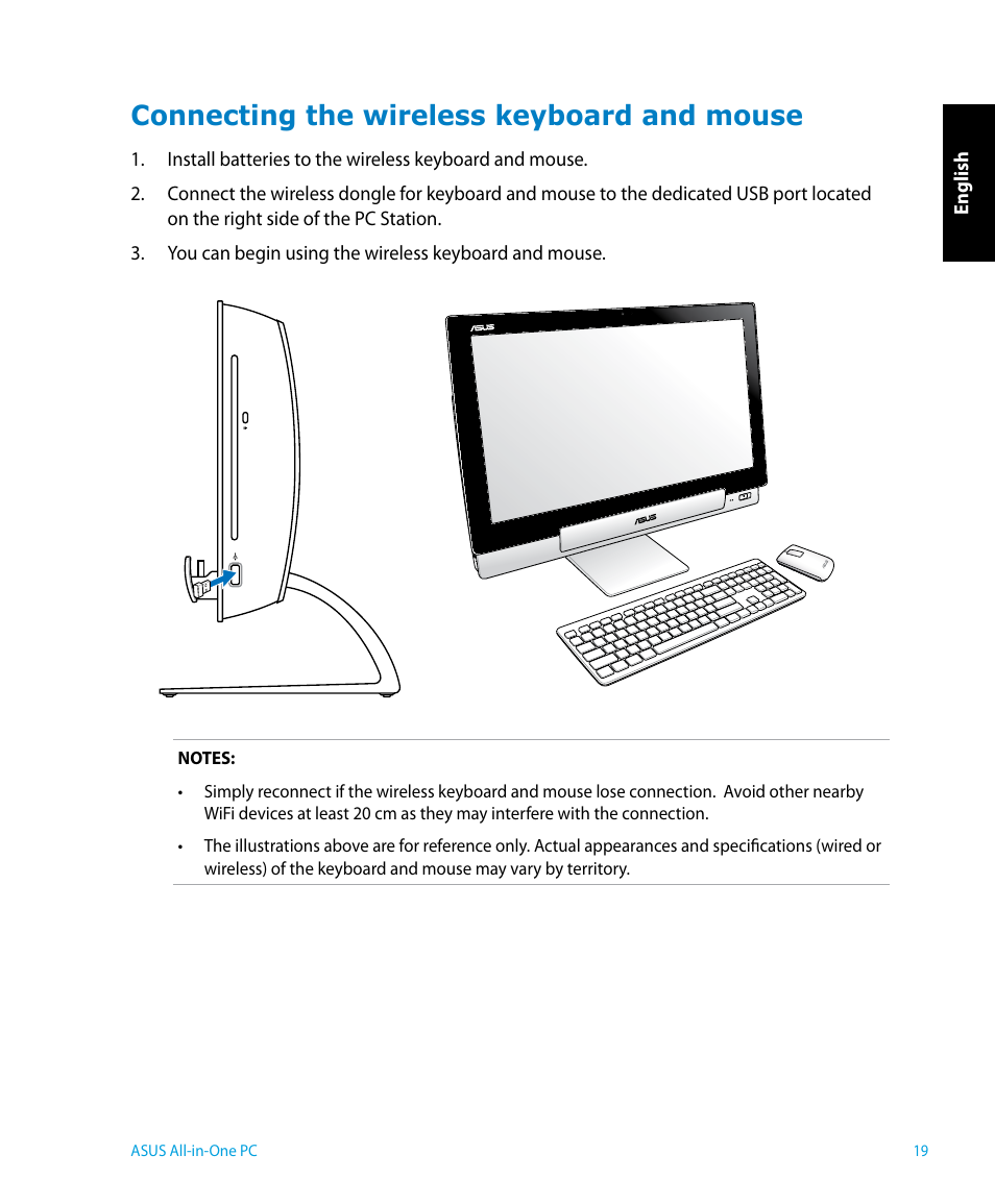 Connecting the wireless keyboard and mouse | Asus P1801 User Manual | Page 19 / 58