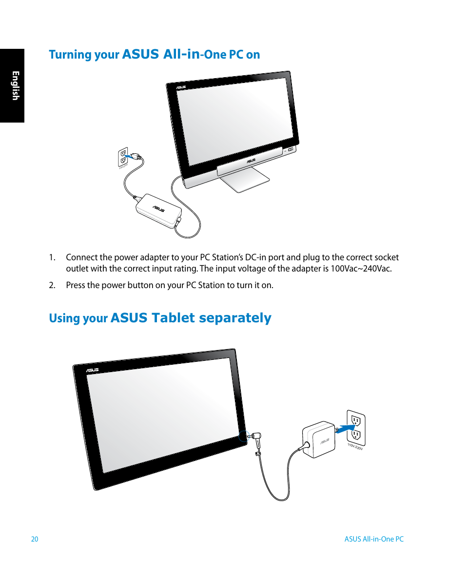 Turning your asus all-in-one pc on, Using your asus tablet separately, English | Asus P1801 User Manual | Page 20 / 58