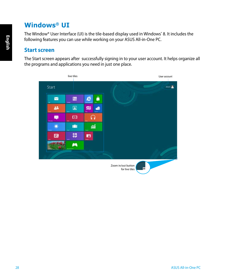 Windows® ui, Start screen, Windows | Asus P1801 User Manual | Page 28 / 58