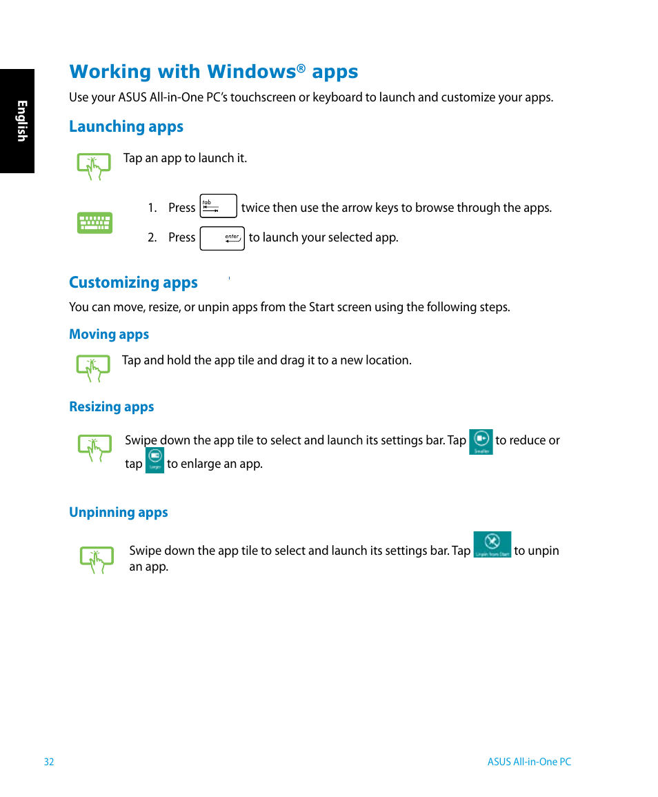 Working with windows® apps, Launching apps, Customizing apps | Working with windows, Apps | Asus P1801 User Manual | Page 32 / 58