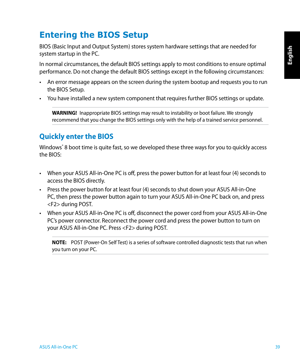 Entering the bios setup, Quickly enter the bios | Asus P1801 User Manual | Page 39 / 58