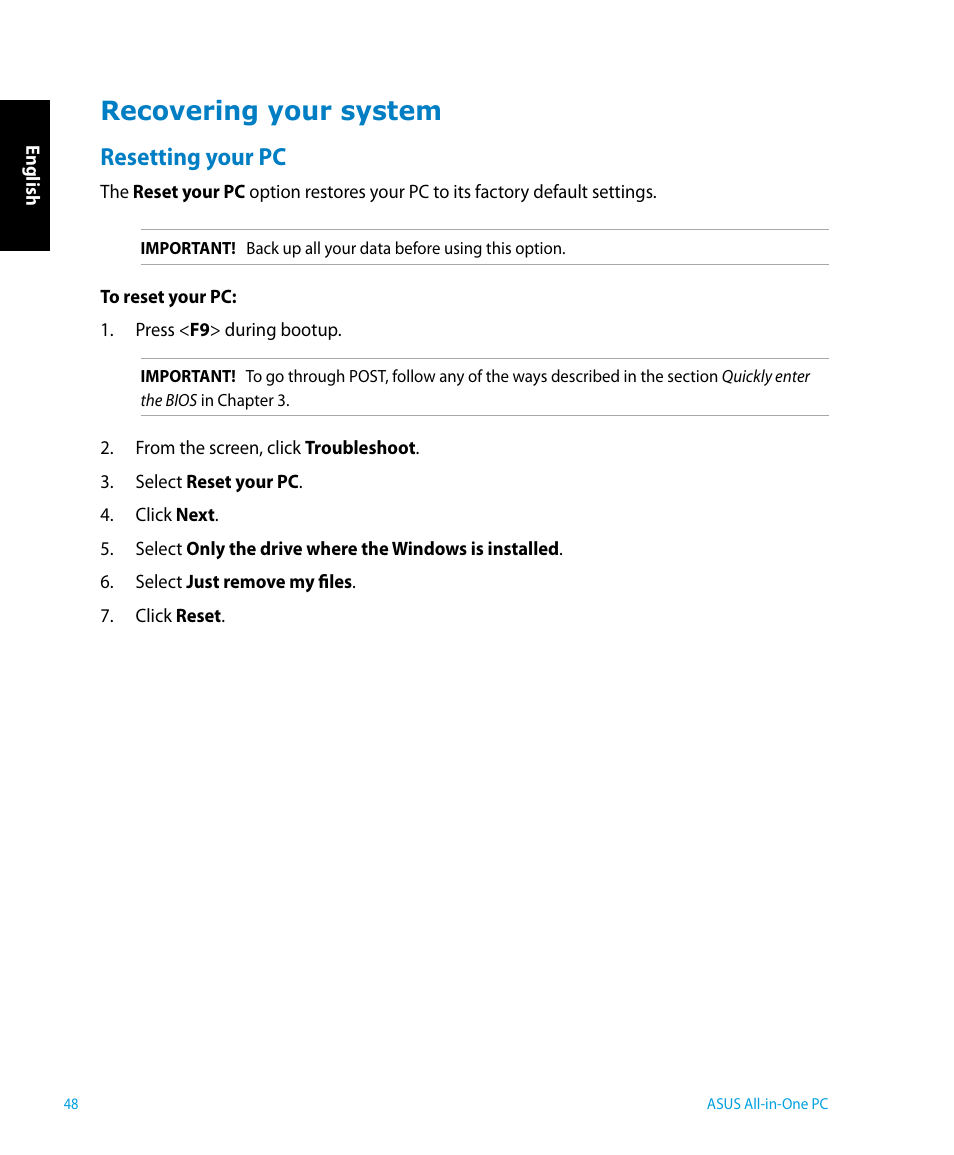 Recovering your system, Resetting your pc | Asus P1801 User Manual | Page 48 / 58