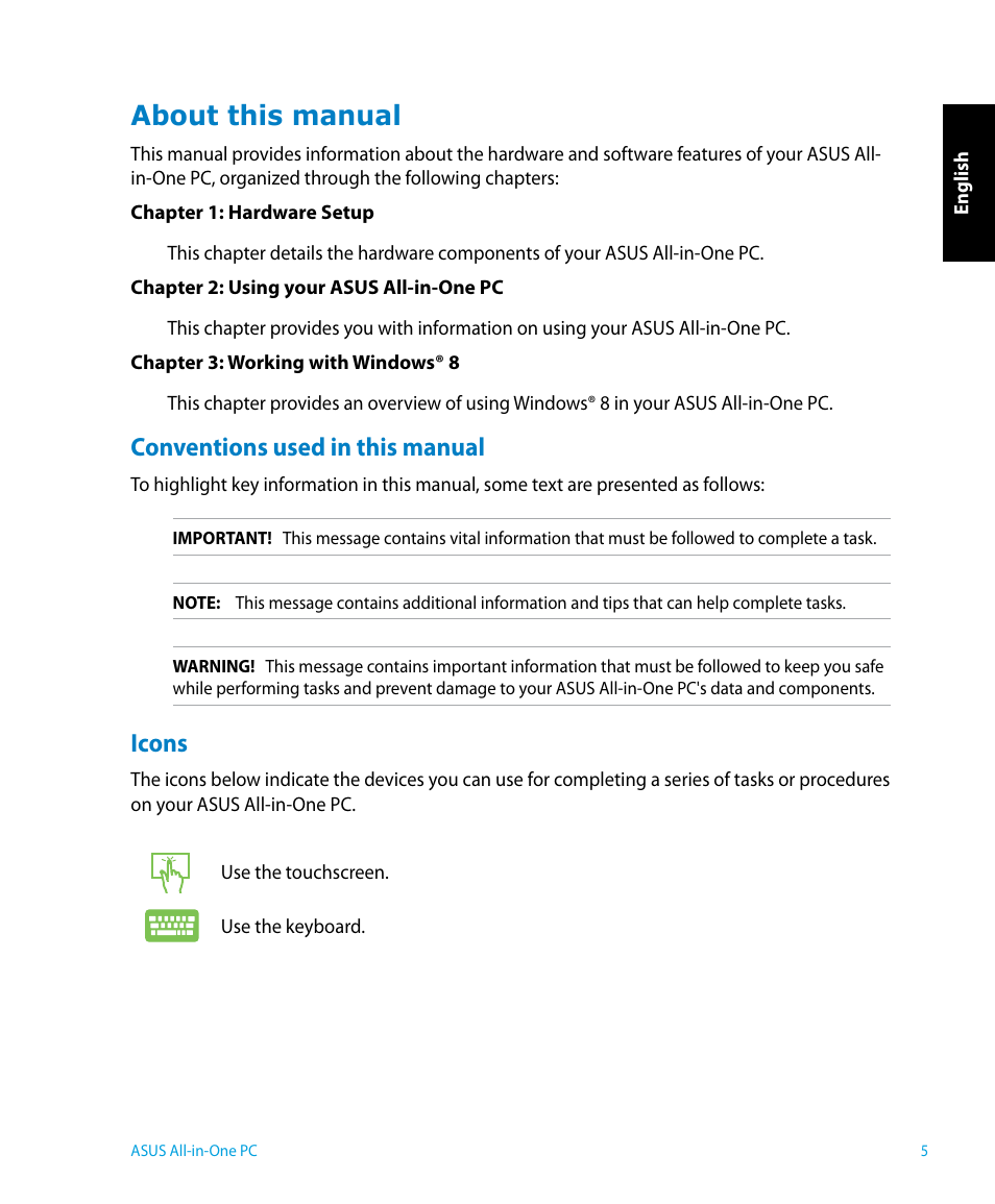 About this manual, Conventions used in this manual, Icons | Conventions used in this manual icons | Asus P1801 User Manual | Page 5 / 58