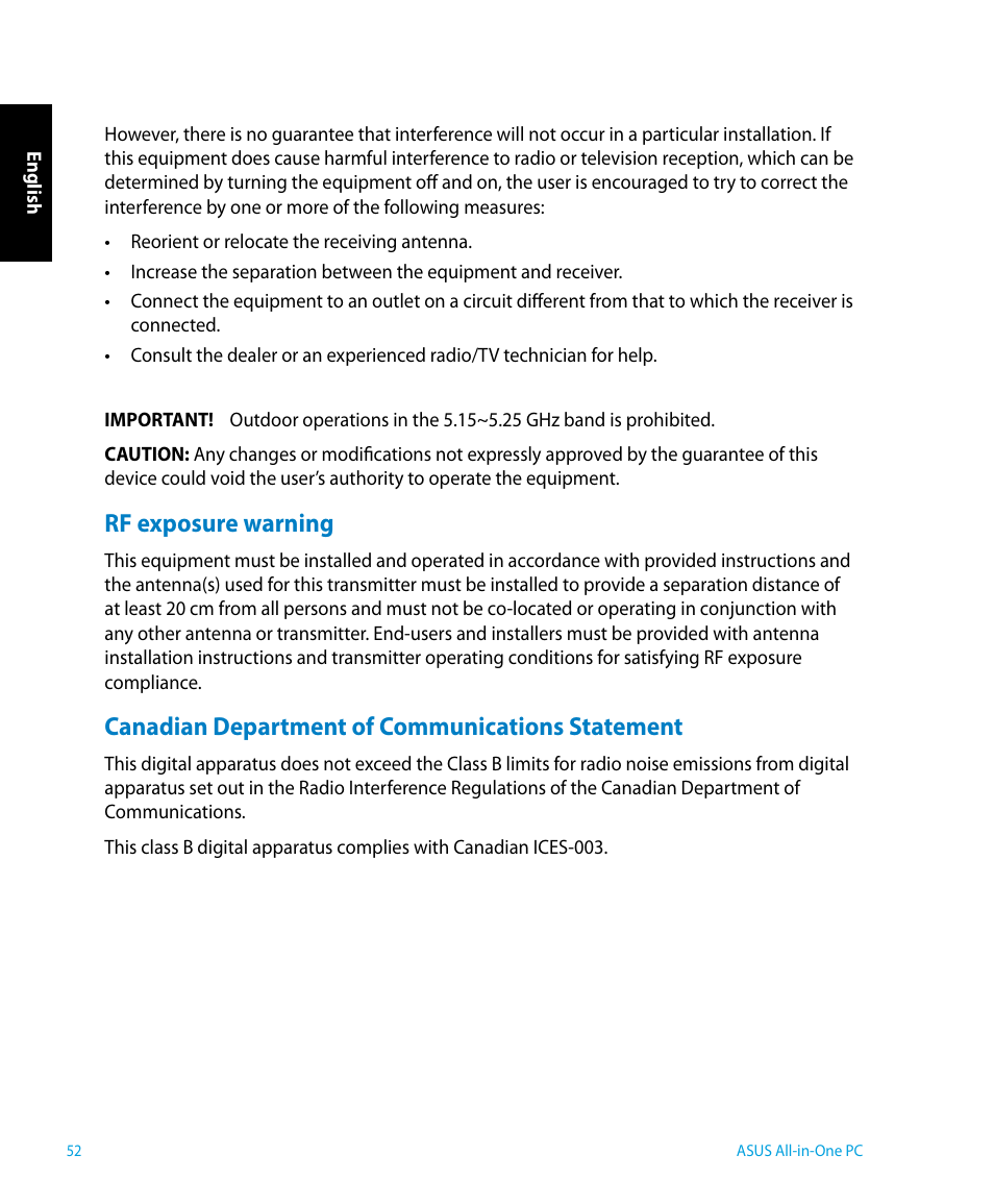 Rf exposure warning, Canadian department of communications statement | Asus P1801 User Manual | Page 52 / 58