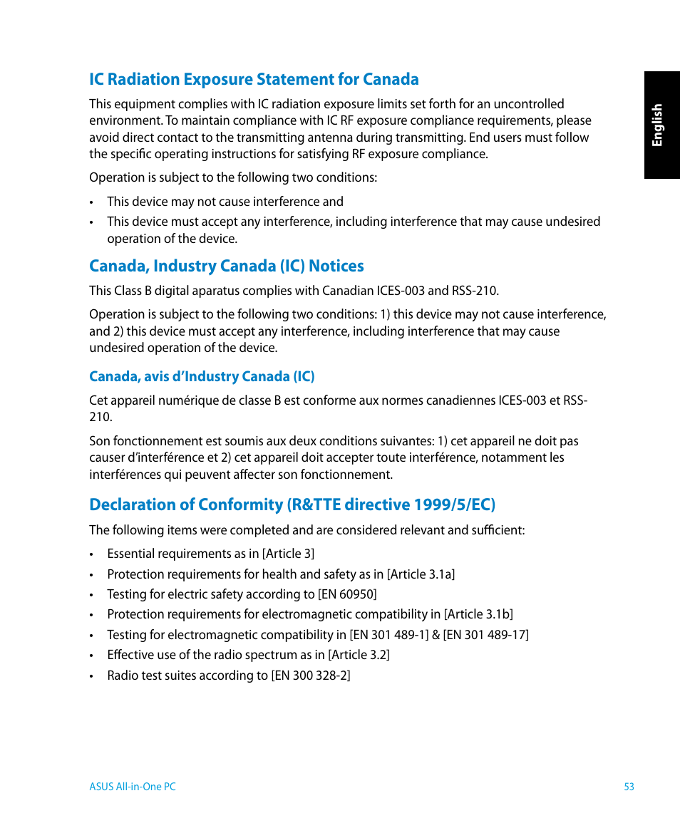 Ic radiation exposure statement for canada, Canada, industry canada (ic) notices | Asus P1801 User Manual | Page 53 / 58