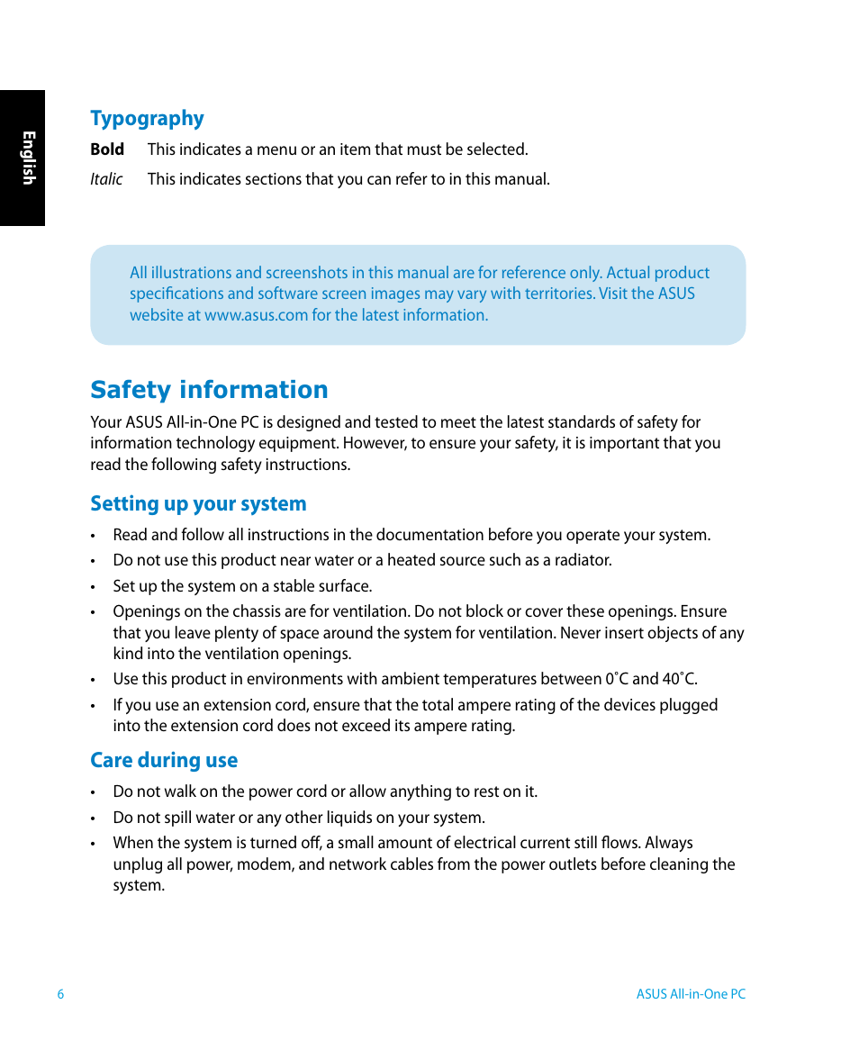 Typography, Safety information, Setting up your system | Care during use, Setting up your system care during use | Asus P1801 User Manual | Page 6 / 58