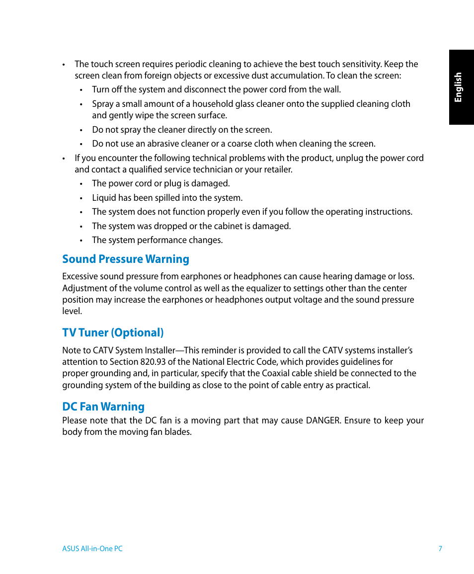 Sound pressure warning, Tv tuner (optional), Dc fan warning | Asus P1801 User Manual | Page 7 / 58