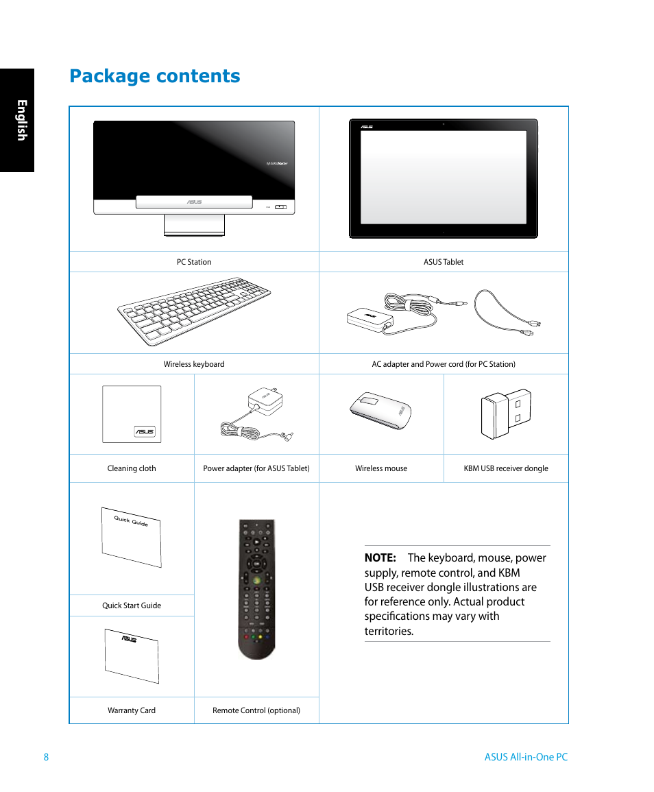 Package contents, English | Asus P1801 User Manual | Page 8 / 58