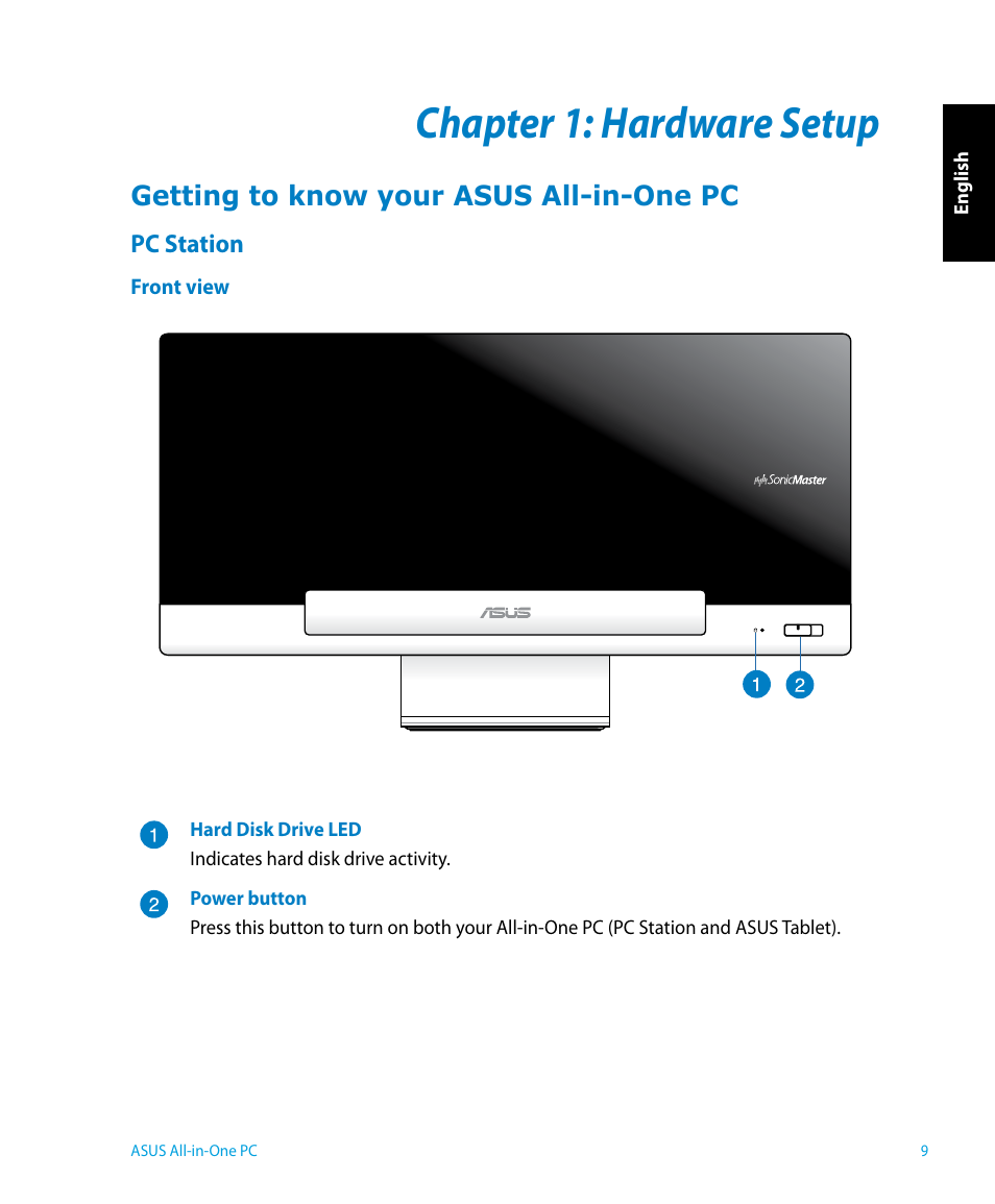 Chapter 1: hardware setup, Getting to know your asus all-in-one pc, Pc station | Chapter 1, Hardware setu | Asus P1801 User Manual | Page 9 / 58