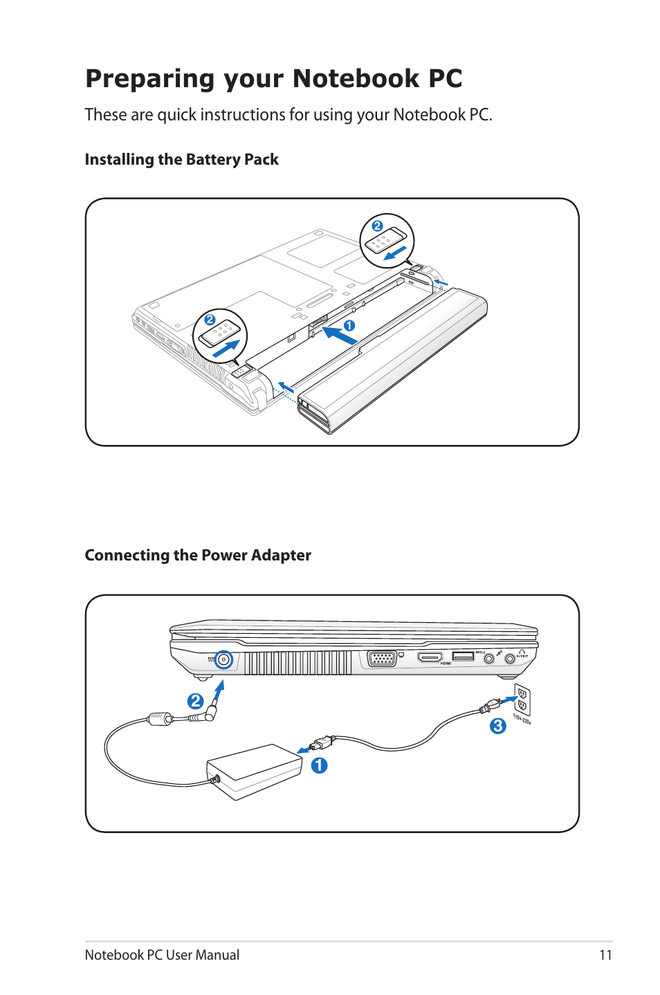 Preparing your notebook pc | Asus B33E User Manual | Page 11 / 118