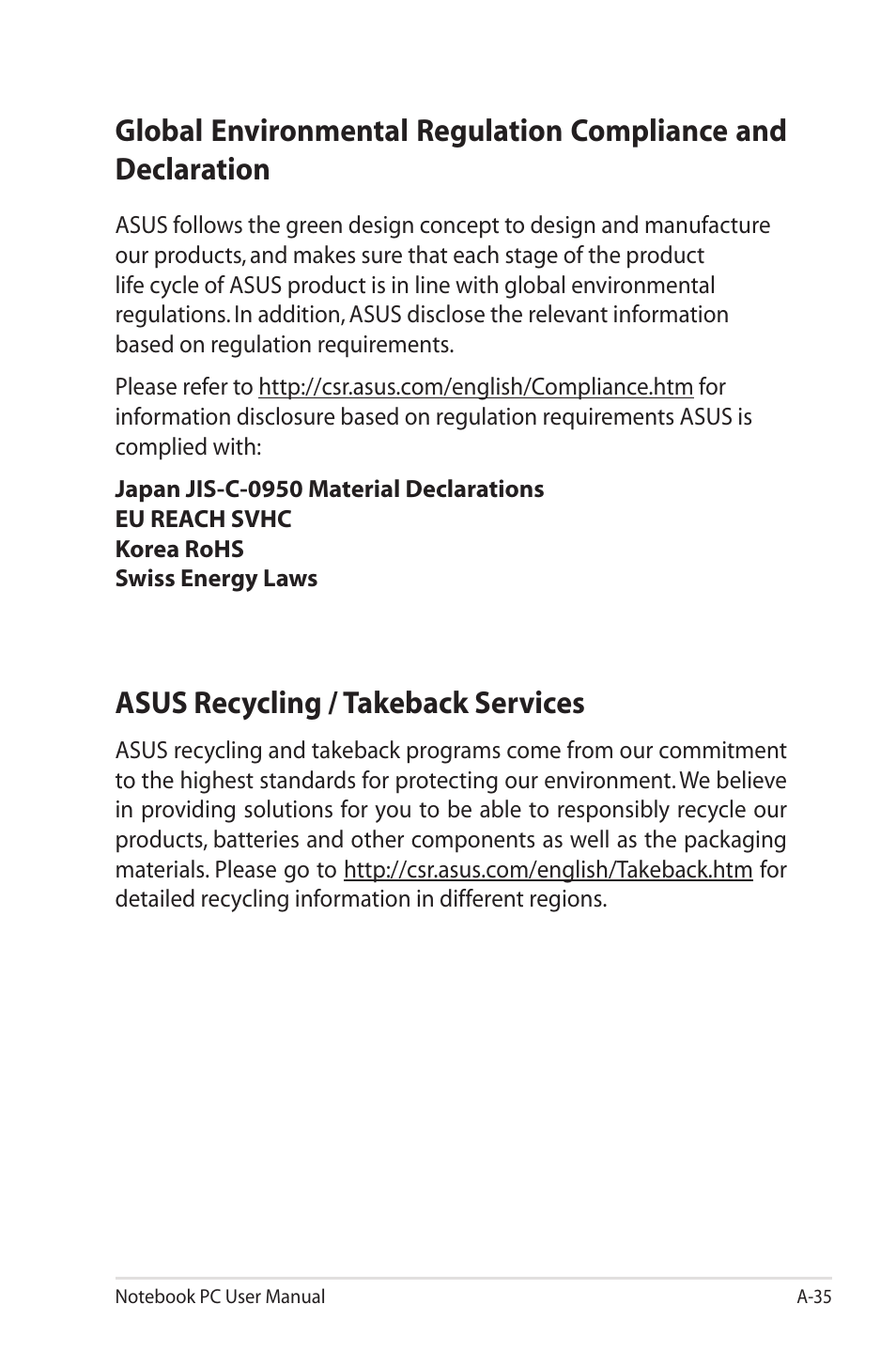 Asus recycling / takeback services | Asus B33E User Manual | Page 115 / 118