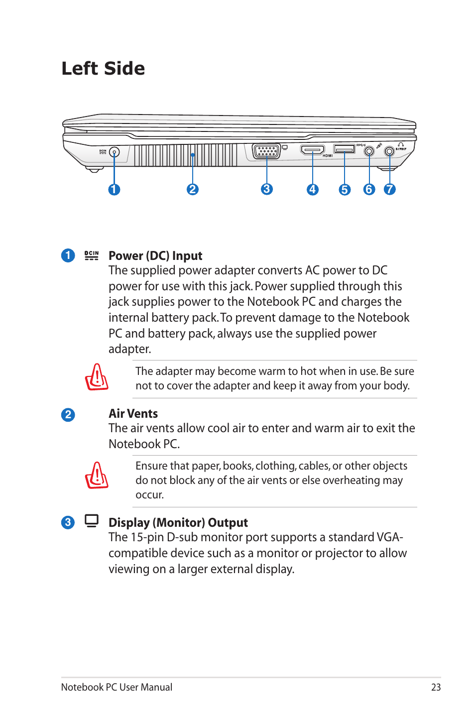 Left side | Asus B33E User Manual | Page 23 / 118