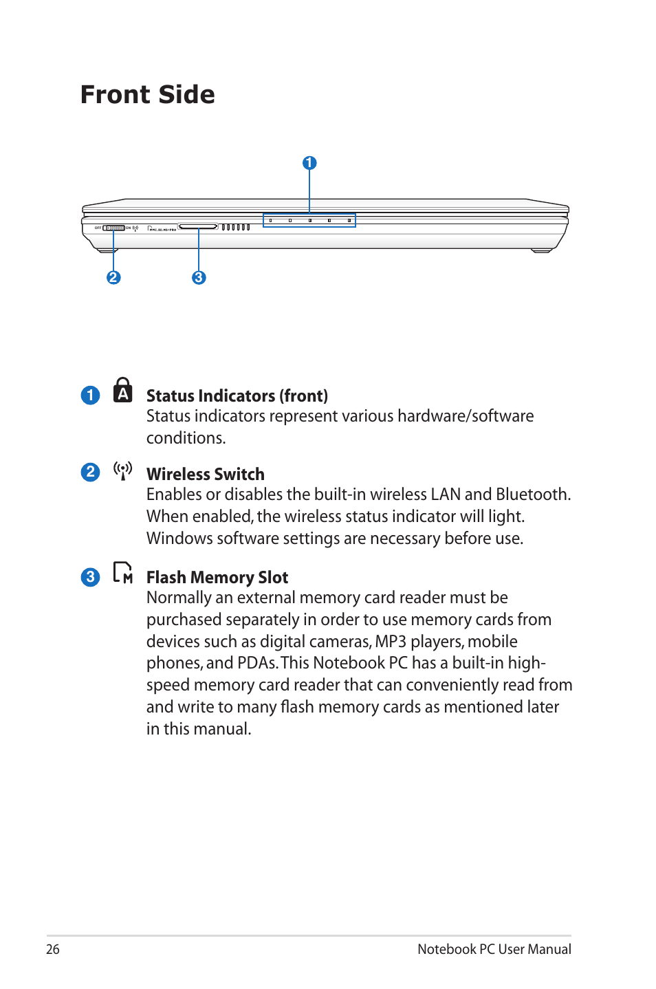 Front side | Asus B33E User Manual | Page 26 / 118