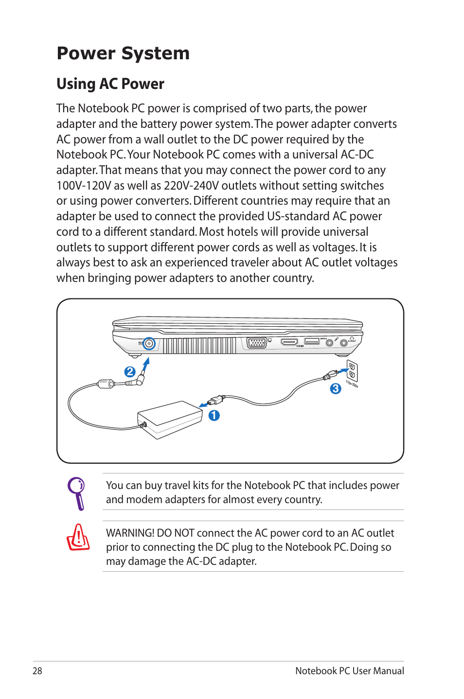 Power system, Using ac power | Asus B33E User Manual | Page 28 / 118