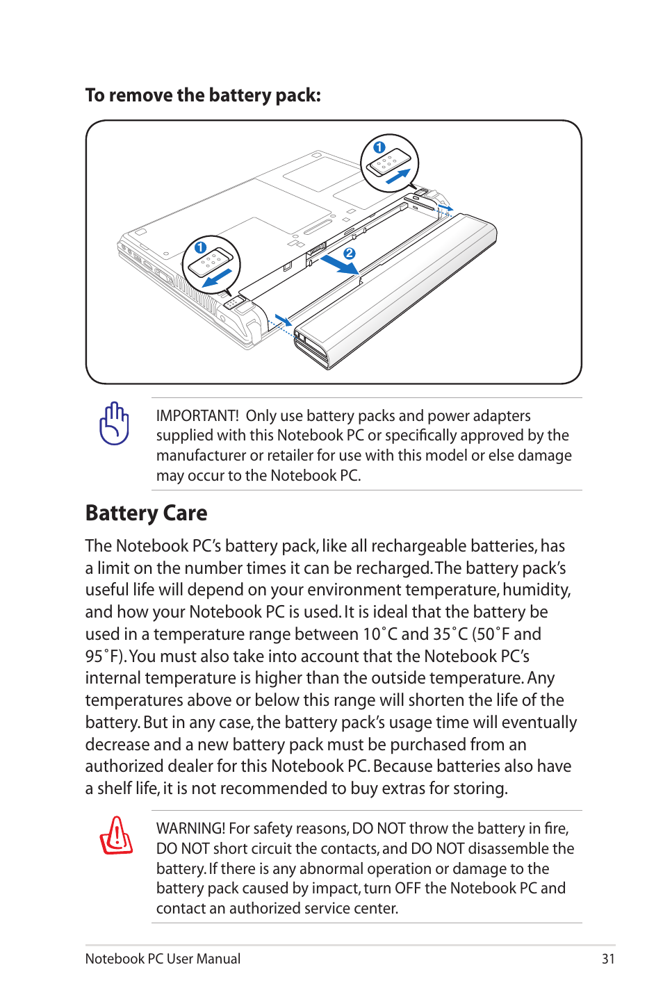 Battery care | Asus B33E User Manual | Page 31 / 118