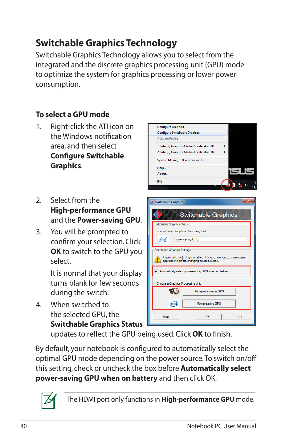 Switchable graphics technology | Asus B33E User Manual | Page 40 / 118