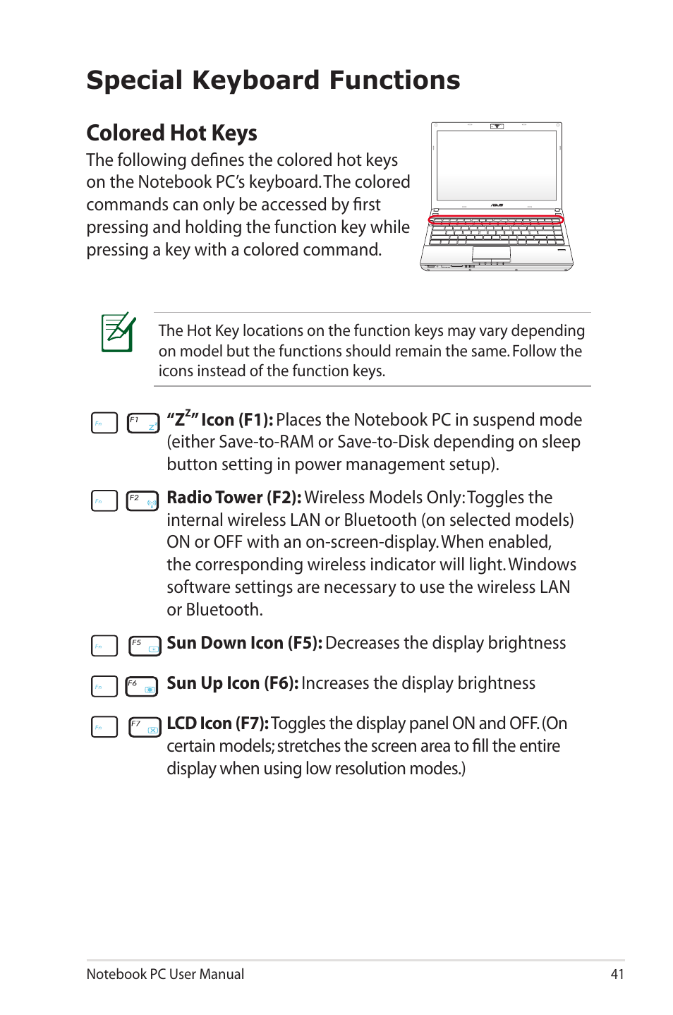 Special keyboard functions, Colored hot keys | Asus B33E User Manual | Page 41 / 118