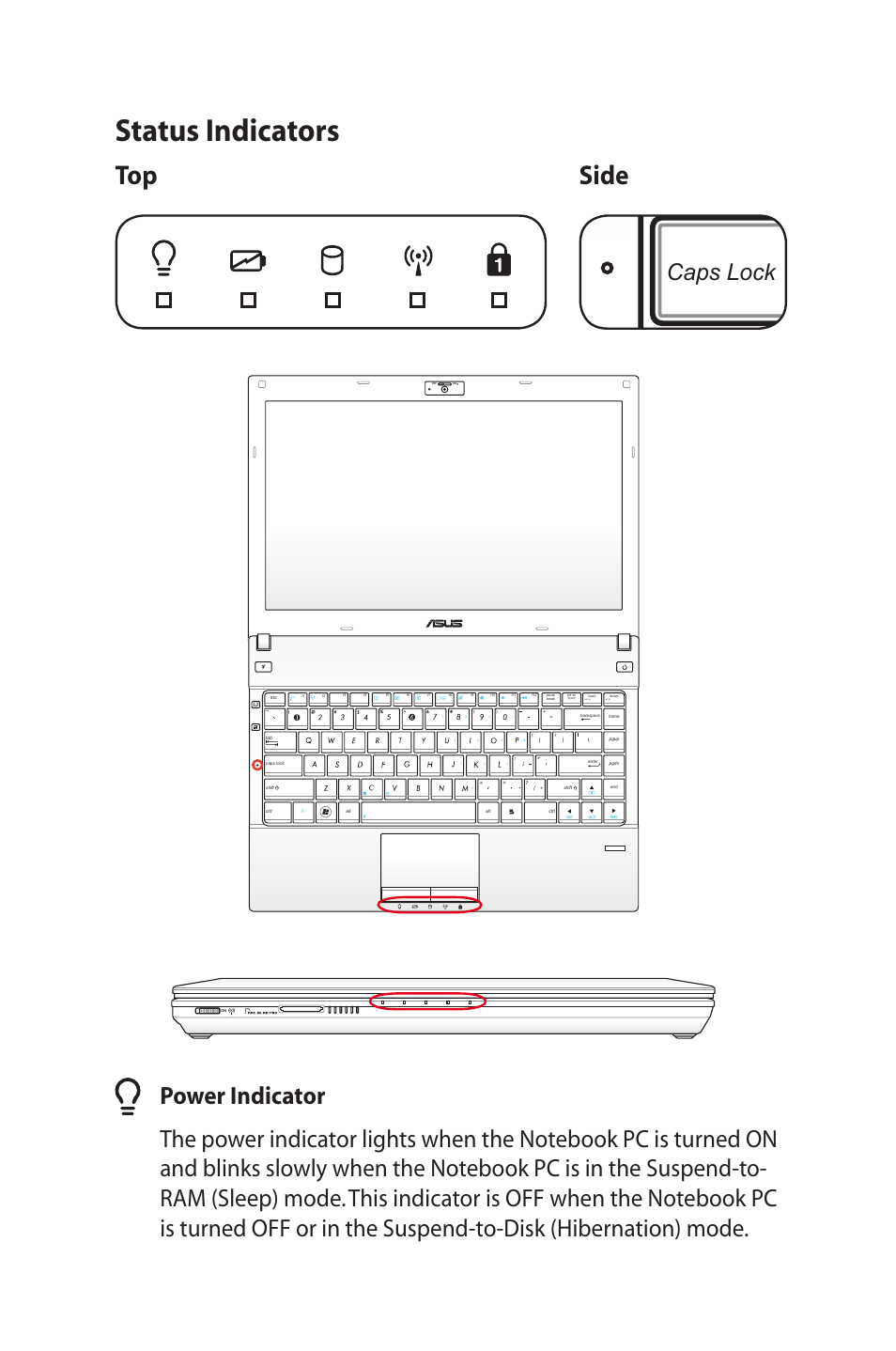 Status indicators, Side, Shift | Ctrl alt ctrl fn alt, Caps lock, Backspace, Enter, Delete, Home num lk scr lk pgup pgdn, Home pgup pgdn end | Asus B33E User Manual | Page 48 / 118