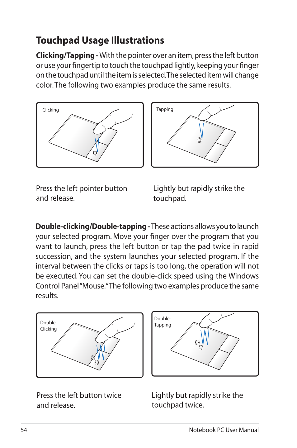 Touchpad usage illustrations | Asus B33E User Manual | Page 54 / 118