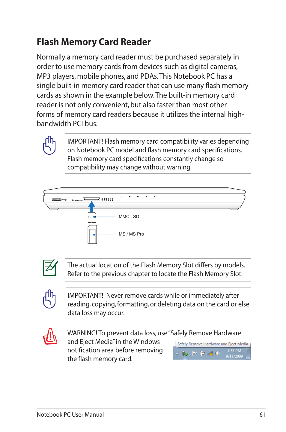 Flash memory card reader | Asus B33E User Manual | Page 61 / 118