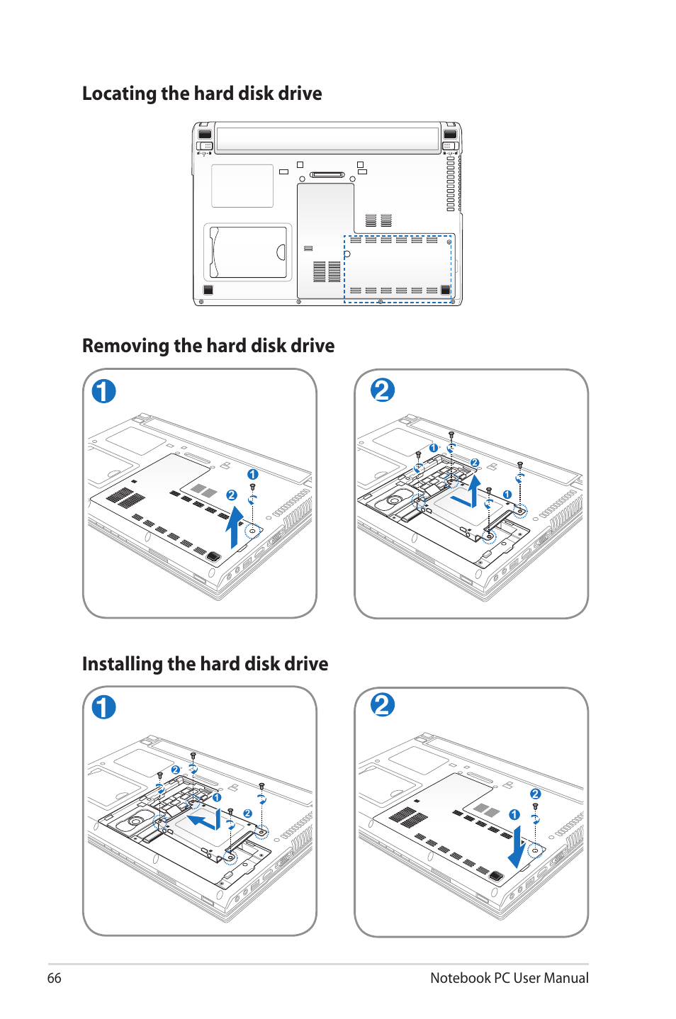 Locating the hard disk drive | Asus B33E User Manual | Page 66 / 118